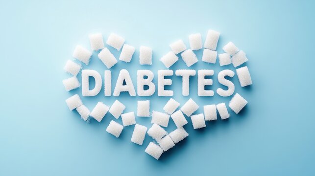 Understanding diabetes and its impact through sugar cubes arranged in a heart shape on a blue background - Powered by Adobe