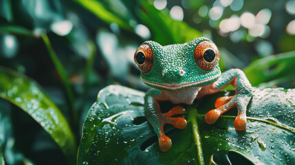 Fototapeta premium Close up of vibrant tree frog on wet green leaf