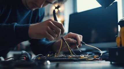 Electrician wiring a new home office setup. Featuring modern technology and precision
