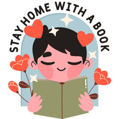 vector illustration of a character reading a book and a text of stay home with a book