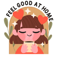 vector illustration feel good at home text with cartoon character