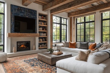 Fototapeta premium Cozy modern farmhouse living room with fireplace, built-in bookshelves, blue accent wall and wooden ceiling beams