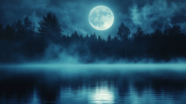 Full moon over a misty lake with silhouetted trees. Perfect for spooky Halloween or mystery themes.