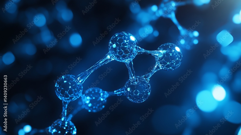 Poster abstract blue molecular structure science background image 3d art data cell glow dark atoms light