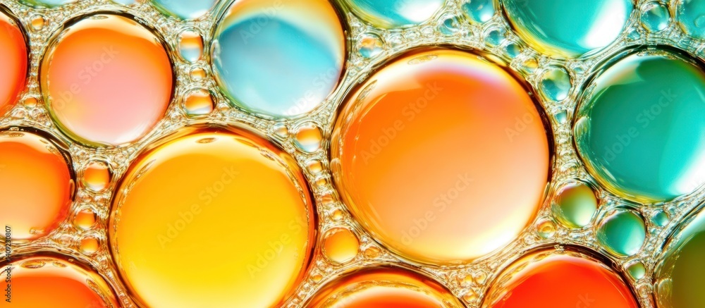 Poster macro image displaying vibrant colored oil droplets suspended in liquid creating unique texture