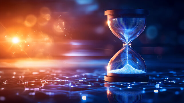 A glowing hourglass with flowing white sand sits amidst a network of blue light trails, symbolizing time, technology, and the digital age. - Powered by Adobe