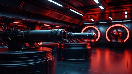 Obraz premium Futuristic weapon emplacements in a dark, high-tech interior, with glowing red accents. Possible use sci-fi, military, or gaming