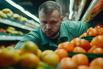 Fototapeta premium Shopper Choosing Citrus Fruits: A shopper intently browses a vibrant display of oranges and other citrus fruits in a well-lit supermarket aisle, showcasing everyday choices and fresh produce.