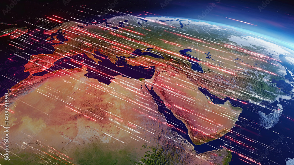 Poster global data stream visualization across continents with network technology