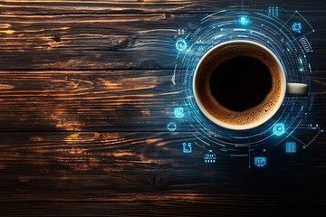 a top view of a coffee cup on a wooden table with soft sunlight, minimal glowing blue tech lines and floating data symbols around the cup, blend of calm cafe atmosphere and digital elegance