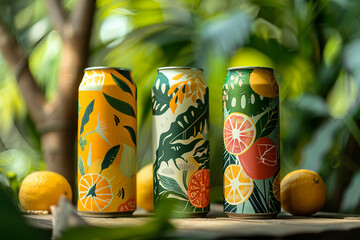 Summer beverage can design with tropical fruit illustrations for branding and packaging, generative ai