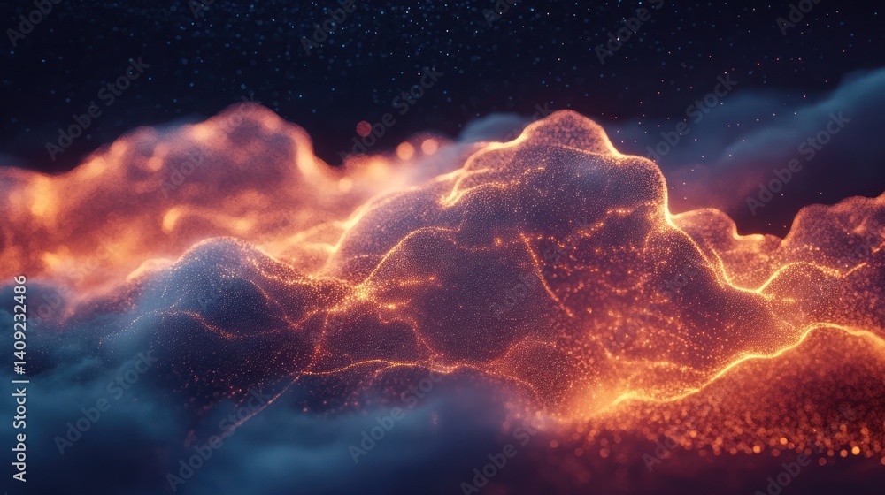 Poster abstract ethereal cloudscape with luminous particles and cosmic background scenery