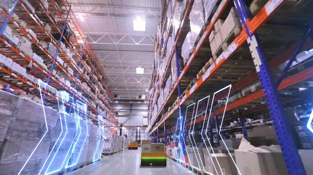 Automated warehouse, Futuristic warehouse shelves, Futuristic Warehouse Concept. Warehouse drones
