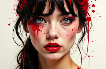 Female with artistic red paint splatter makeup on face and hair