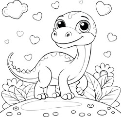 Cute Dinosaur Coloring Page with Hearts and Flowers