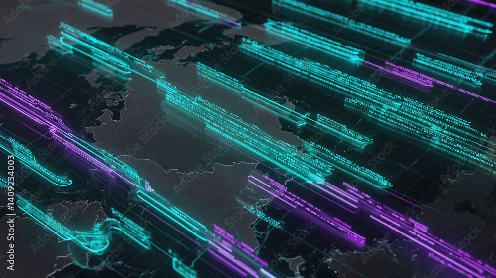 Poster futuristic world map with glowing data streams for global network visualization
