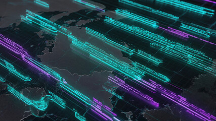 Futuristic world map with glowing data streams for global network visualization