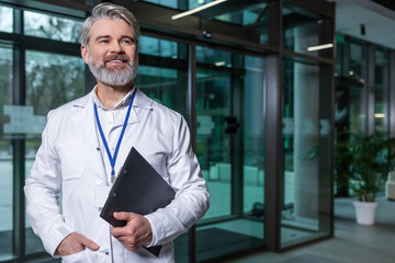 Fototapeta premium Smiling positive male doctor in lab coat looking contented