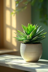 Small green succulent plant in white pot sits on windowsill with sunlight.