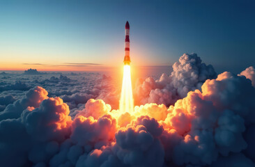 Rocket launch at sunset with dramatic clouds and vibrant flames