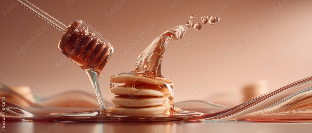 Poster delicious pancake stack with honey drizzle against a warm background capturing breakfast indulgence 