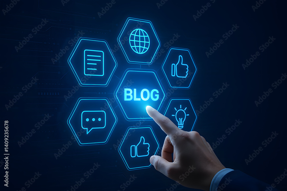Poster digital blog interaction: a hand interacts with a futuristic digital interface, pointing at the word