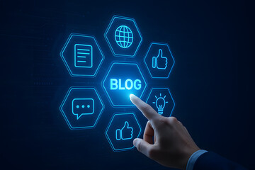Digital Blog interaction: A hand interacts with a futuristic digital interface, pointing at the word "BLOG" in a captivating display of technology and content creation.