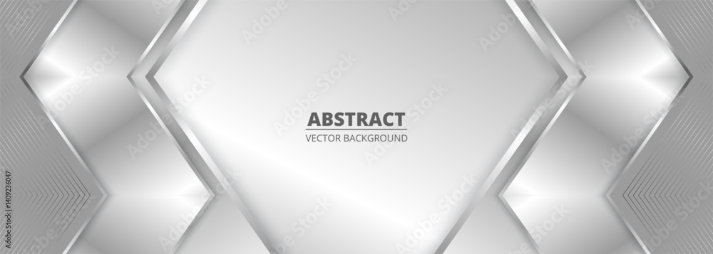 Poster Wide luxury abstract background with silver gradient lines triangle arrows and shadows. Modern light silver color wide metallic banner with angles. Futuristic geometric vector abstract backdrop.