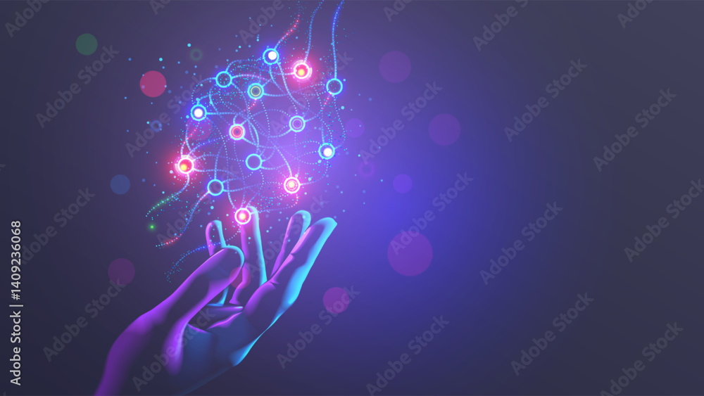 Aufkleber Neural network scheme above scientist hand. Artificial neural networks, ANN. Abstract simple graphics scheme of neural machine mind with AI. Artificial intelligence, cybernetic net. Education AI.