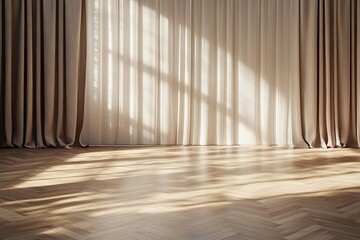 High-resolution photograph of a spacious, empty room featuring herringbone wood floor and light brown curtain-covered walls, illuminated by soft lighting and warm tones.