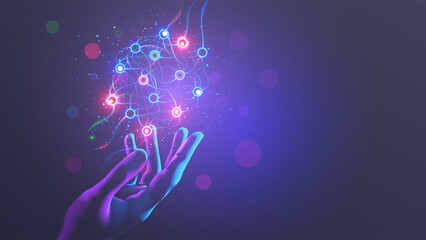 Neural network scheme above scientist hand. Artificial neural networks, ANN. Abstract simple graphics scheme of neural machine mind with AI. Artificial intelligence, cybernetic net. Education AI.