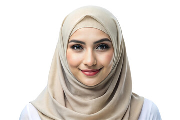 Naklejka premium Headshot of a woman in a light colored hijab with a friendly expression, suitable for various visual projects
