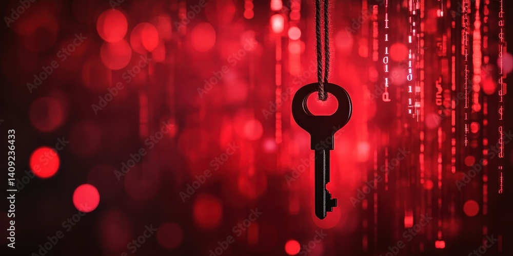 Poster cybersecurity key: a captivating image of a single, vintage key suspended against a vibrant, crimson
