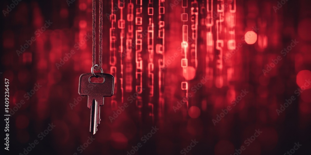 Poster cybersecurity key: a solitary key hangs against a backdrop of digital rain, a visual metaphor for un