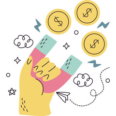 hand drawn vector illustration of a magnet attracting money and dollars