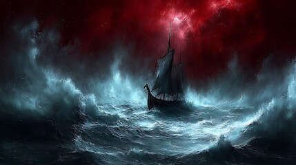 Fototapeta premium Sailing Ship Navigating Stormy Seas Under Dark Red Sky Art