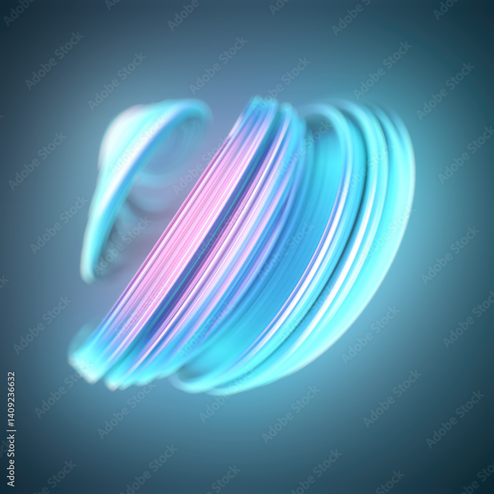 Poster Abstract illustration with graceful swirls reminiscent of ribbons moving through space. The color scheme includes bright pinks and blues. The composition is fluid and balanced. 3d rendering