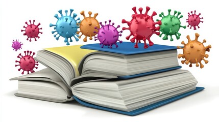 Virus Models Floating Above Open Books Representing Education and Science