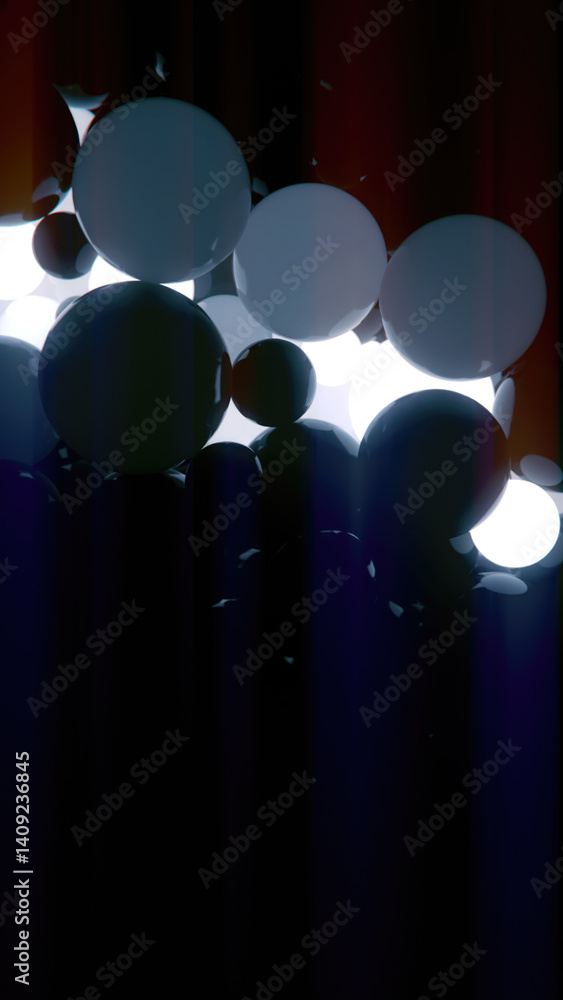 Fototapete Digital illustration where in the center of the composition there is a group of floating spheres on which chaotic waves of energy are running, creating a dynamic effect of flashing lights. 3d render