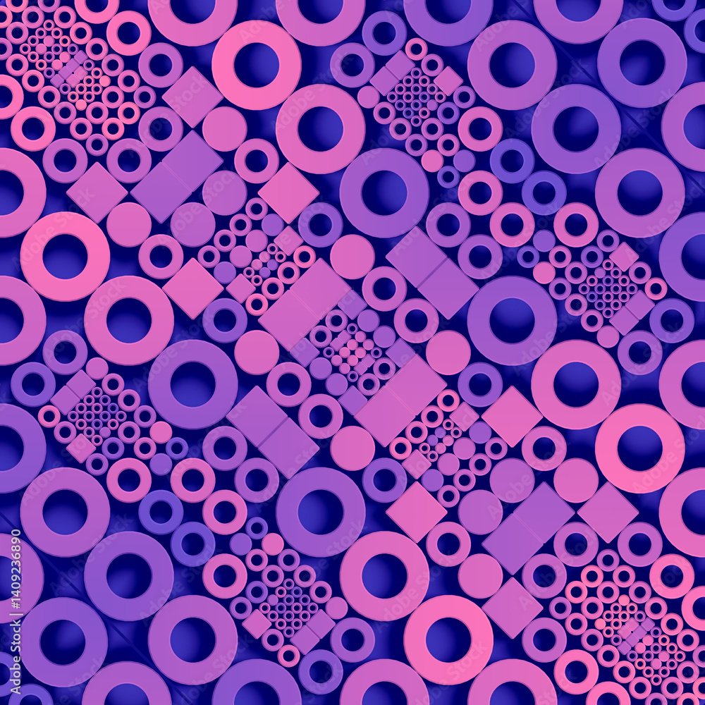 Aufkleber Symmetrical composition of circles and squares arranged in strict order. The pink and purple color palette enhances the effect of minimalism and digital aesthetics. 3d rendering