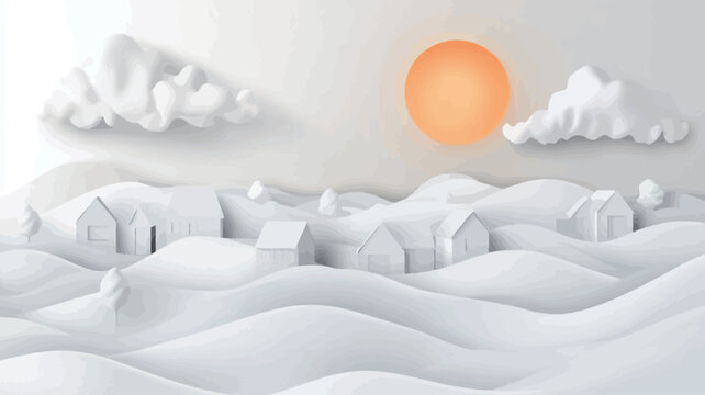 The image is a digital illustration depicting a stylized winter village landscape. The style is reminiscent of paper cut-outs, with white houses, rolling hills, and clouds rendered in a flat