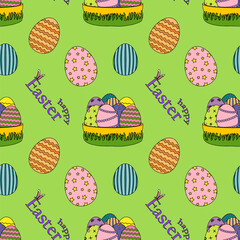 Bright seamless pattern featuring cartoon and flat decorated Easter eggs and baskets with grass on a green background. Perfect for festive design, wrapping paper, wallpaper, and gift box decorating.
