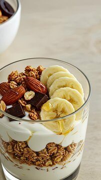 Layered yogurt parfait with granola, banana, almonds, and honey in glass jar on wooden table