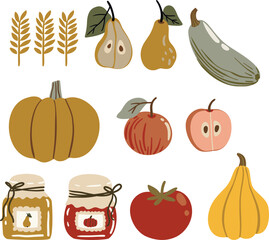 Vector illustration in flat children's style with farm fruits and vegetables: pears, apples, pumpkins, wheat, zucchini, tomato, and jam jars. Isolated on white background. Ideal for kids’ designs and 