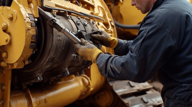 Heavy equipment mechanic inspecting a bulldozer engine. Featuring technical expertise