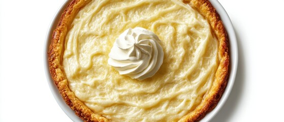Fototapeta premium Delicious homemade lemon pie with whipped cream topping on a white plate in bright natural light