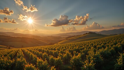 Sunset Over Lush Vineyard Hills with Dramatic Cloudy Sky