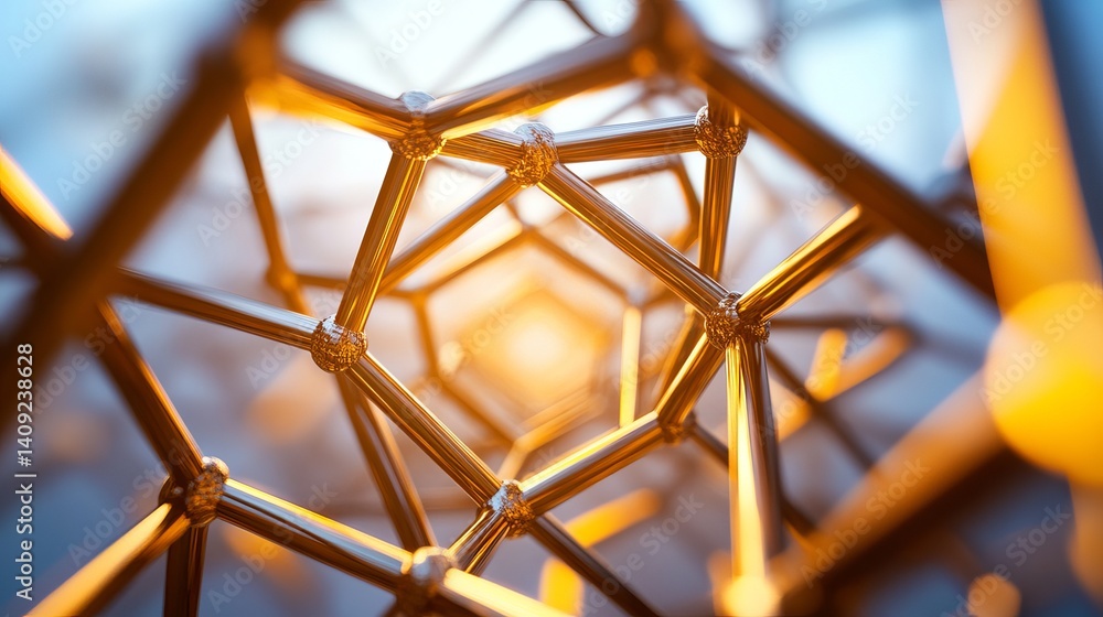 Poster abstract golden geometric structure network design background 3d art metal shiny light lines nodes