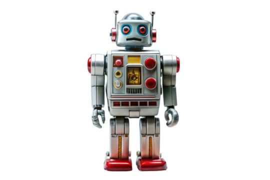 Retro style robot with buttons and antennas, ideal for toy, vintage, and classic sci fi themed projects