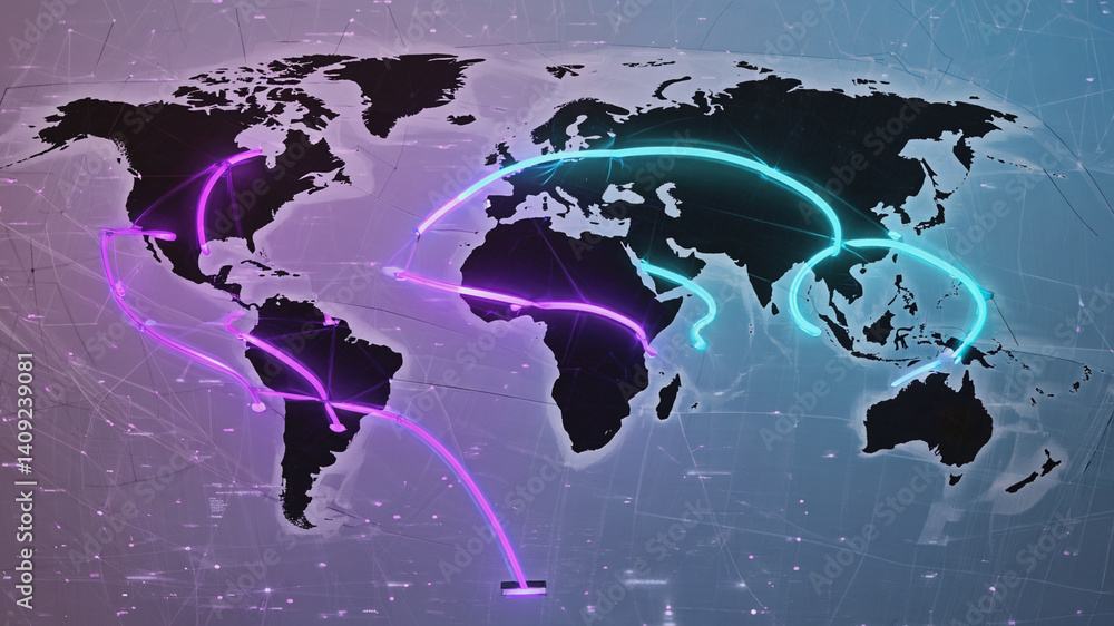 Poster global connection routes with vibrant neon trails across the world map
